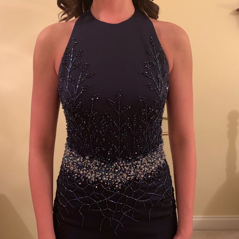 Navy beaded prom/pageant dress